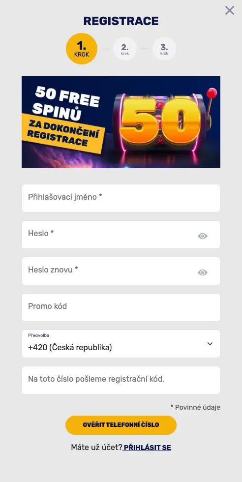 Vyskakovací okno „Registrace“ — krok 1: formulář s poli Přihlašovací jméno, Heslo, Heslo znovu, Promo kód, předvolba +420 a telefon; banner „50 free spinů za dokončení registrace“; tlačítko „Ověřit telefonní číslo“.